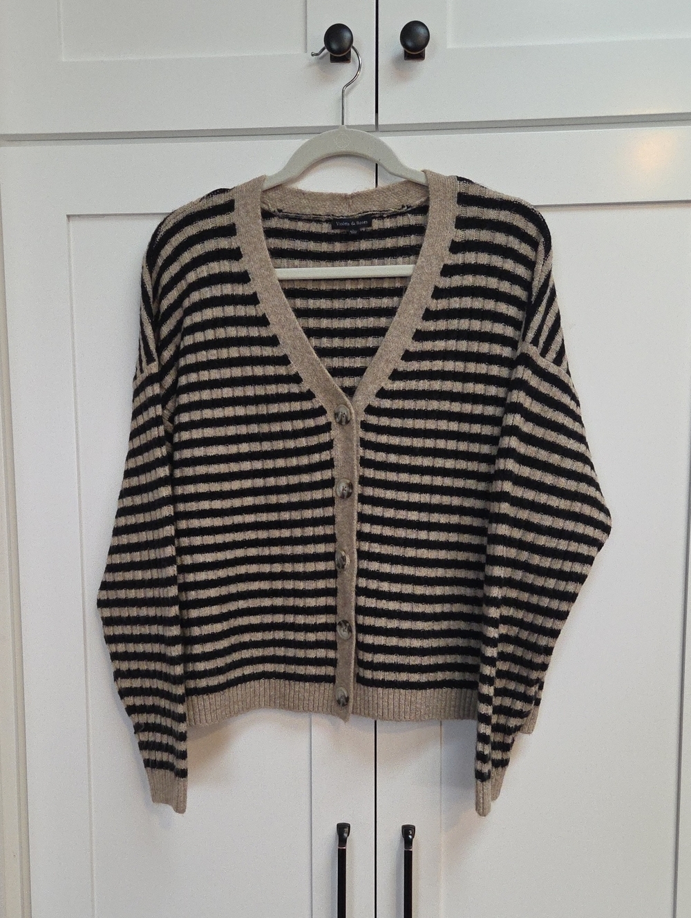 Striped V-Neck Button Cardigan - Beige & Black